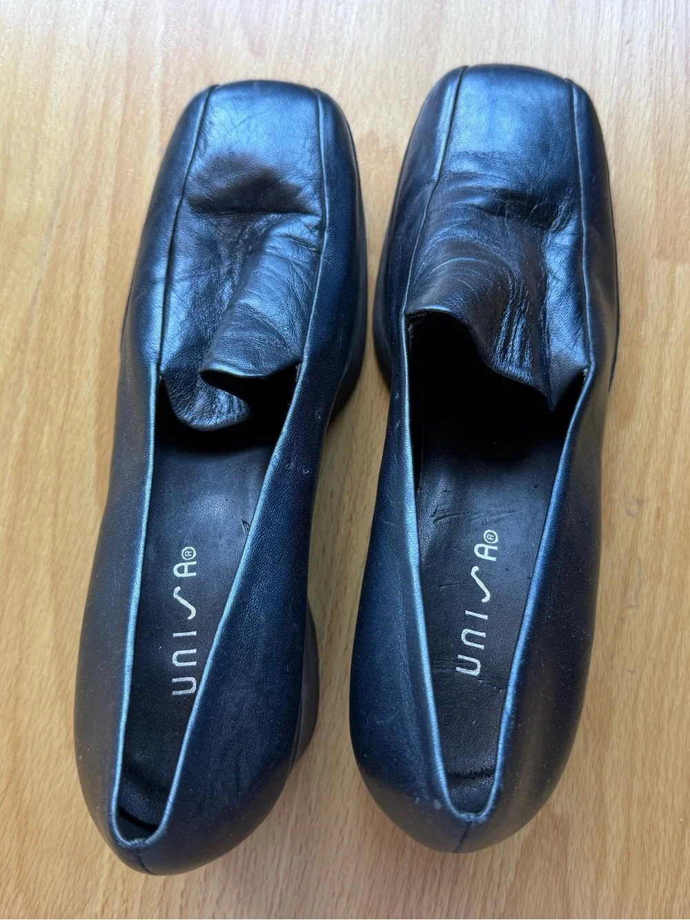 Unisa navy blue leather slip on wedges
